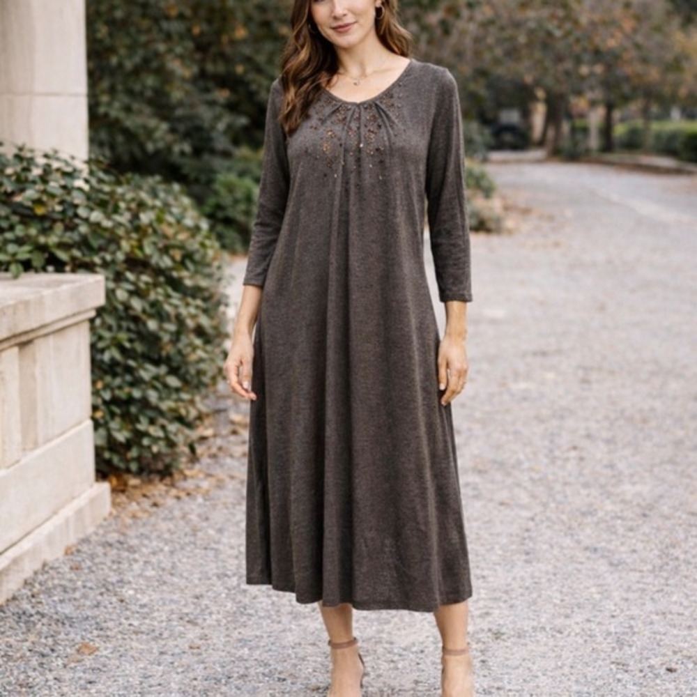 Eileen Fisher Dress‎ Midi Womens S Brown Italian Yarn Beaded Sequin Minimalist